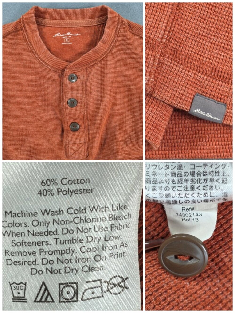 Eddie Bauer Men's Medium Henley Shirt Rust Waffle Knit Long Sleeve - Picture 6 of 8